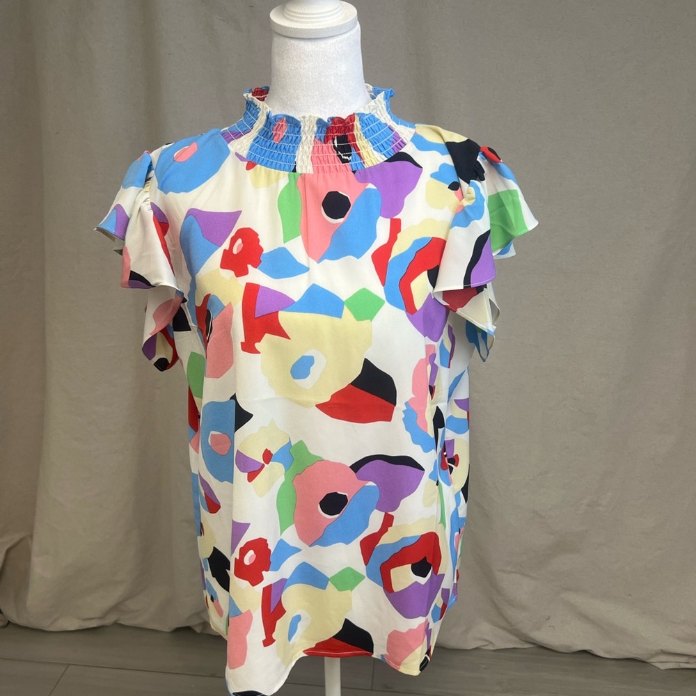 THML Colorful Smocked Mock Neck Ruffled Cap Abstract Print Blouse Sz M - Picture 3 of 9